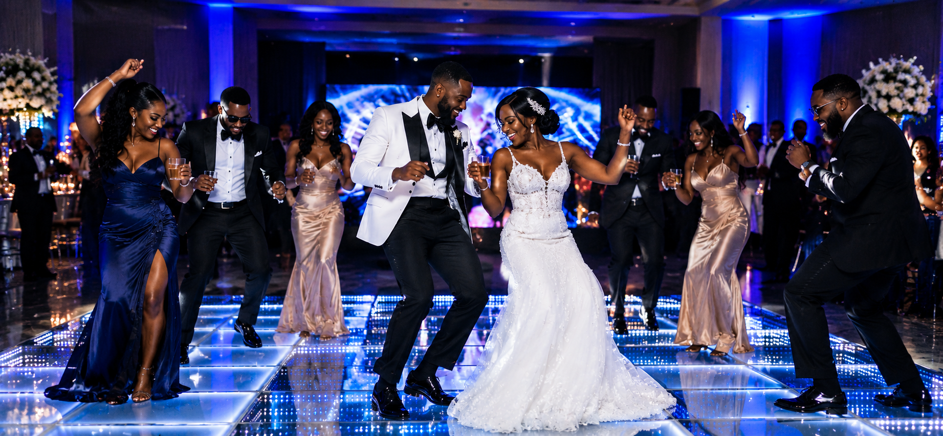 Wedding guests celebrating on an illuminated LED dance floor.