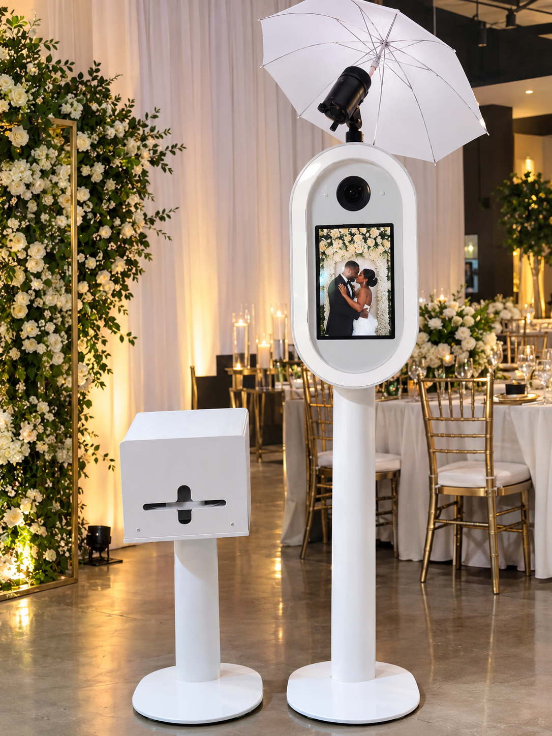 White Astra Booth and matching printer at a wedding reception.